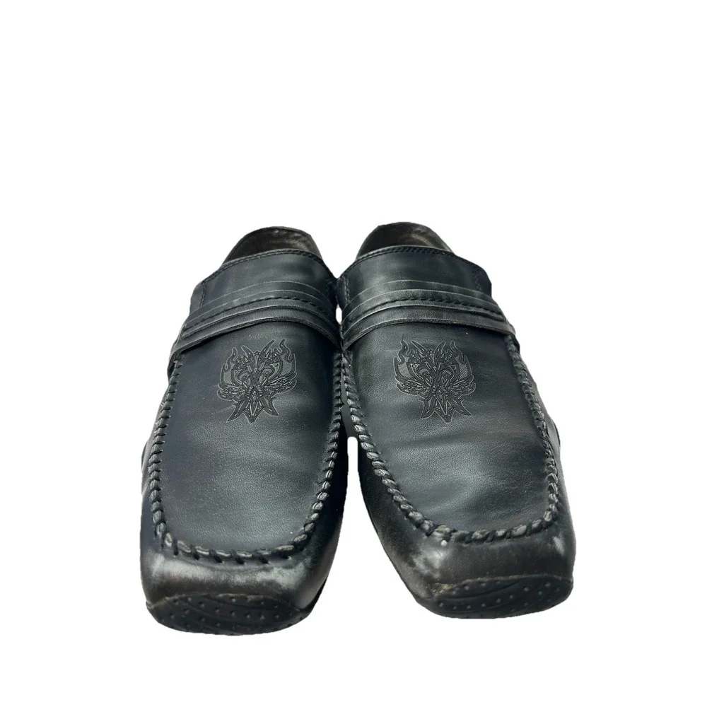 Vtg Back Stage by Skechers 69506 Men 11‎ Black Leather Loafers Crest Y2K Grunge